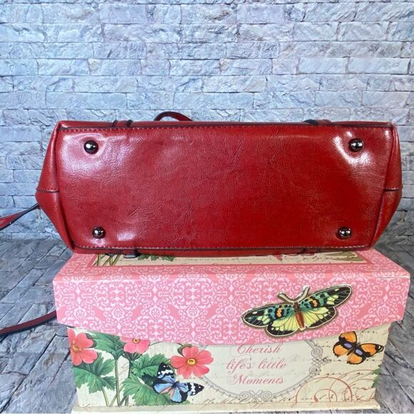 Popoti Red Leather Shoulder Bags Messenger Crossbody Tote with Adjustable Straps - Picture 10 of 13